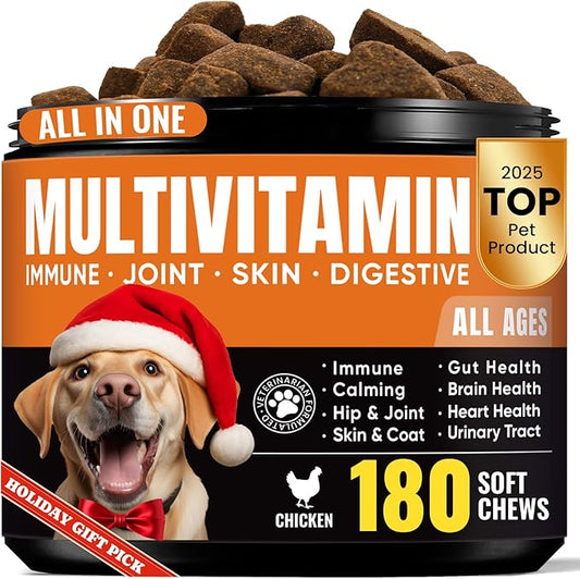 Dog multivitamin Soft Chews–Glucosamine, Chondroitin, MSM, Probiotics, Enzymes, Omega-3–Joint Support, Gut Health, Skin & Coat–Daily Maintenance & Preventive Care–Dog Supplements & Vitamins–180 Chews