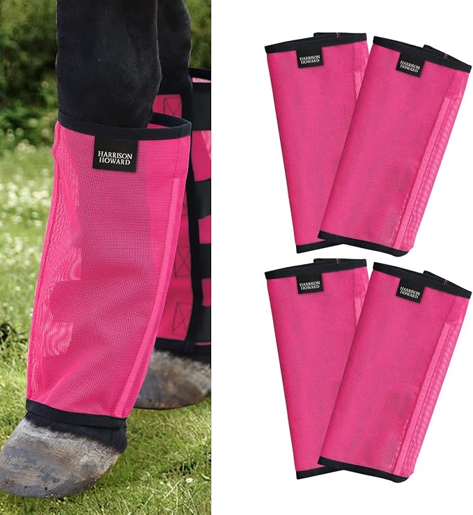Harrison Howard Loose Fitting Fly Boots UV-Protective Extra Tough Mesh Ventilated Four Fasteners Stay-on Design Protect Horse Legs & Stomp-Reducing Set of 4 Magenta Small