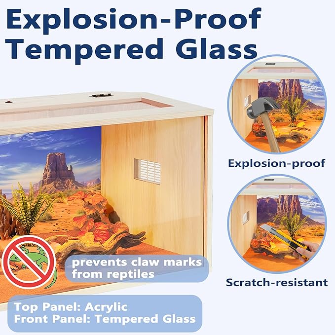 PROLEE Tempered Glass Bearded Dragon Tank,Wooden Reptile Tank and Lizard Tank, Large Bearded Dragon Enclosure with Built-in Lamp Fixture, Snake Tank (Wooden-Topped roof, 40inch,60 Gallons)