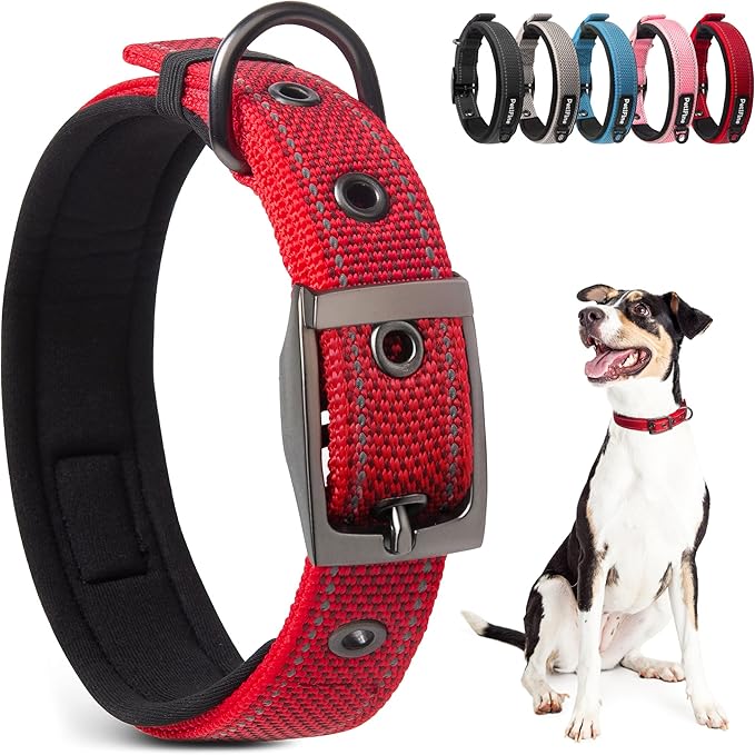 PetiFine Dog Collar for Large Dogs, Neoprene Padded and Adjustable, Reflective Wide Heavy Duty Pet Collars with Durable Metal Belt Buckle for Walking, Red, L