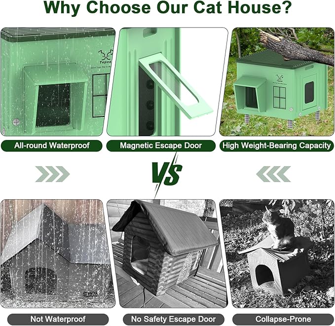 Tepoal Plastic Heated Cat House for Outside Winter, 100% Weatherproof & Insulated Outdoor Feral Cat Shelter with Safety Escape Door, Stackable Cat House with Heater for Barn Cat, Green 17.7"x17"x17.5"