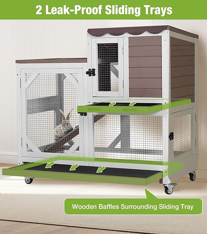 GUTINNEEN Duplex Rabbit Hutch Indoor with Chew-Proof Frame & 2 Leak-Proof Sliding Trays, Rain Cover, Wooden Guinea Pig Cages with Wheels - Brown