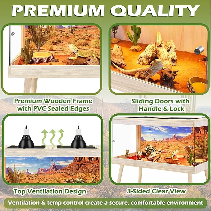 ROYXEN Bearded Dragon Tank with Leg Stand,Tempered Glass Reptile Tank with Metal Mesh Top, 3-Side Clear Anti-Scratch Glass Lizard Tank,Snake Tank for Reptile Habitat