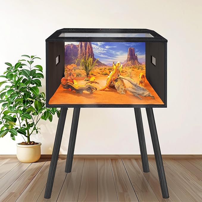 PROLEE 26 Gallon Reptile Tank, Tempered Glass Bearded Dragon Tank with Wooden Roof and Lockable Doors, Large Lizard Habitat for Snakes, Iguanas, Chameleons (Black)