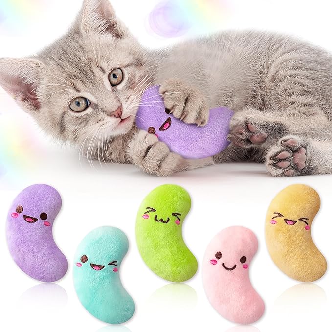 MALLMALL6 5Pcs Easter Jelly Beans Candy Catnip Toys Gift for Indoor Cat, Colorful Sugar Catmint Interactive Toy, Soft Cute Pet Presents Supplies Gift for Cat Lover, Kitten Teething Chew Kick Set