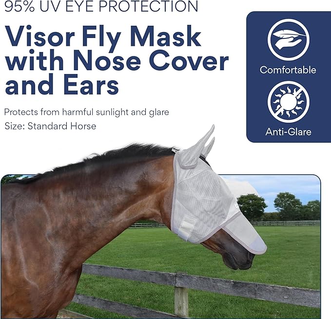 Horse Fly Mask with Nose Cover and Ears - 95% UV Eye Protection - Built-in Visor - Breathable, Lightweight Mask - Adjustable Fit for Comfort Horse Medium/Large Size