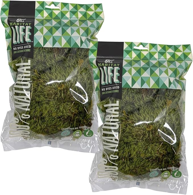 The Habitat Life - Natural Mood Moss - for Reptiles, Amphibians & Invertebrates Terrariums - Moisture-Retaining - Humidity Control - Soft Bedding - Dye-Free & Safe - Small - 2 Pack