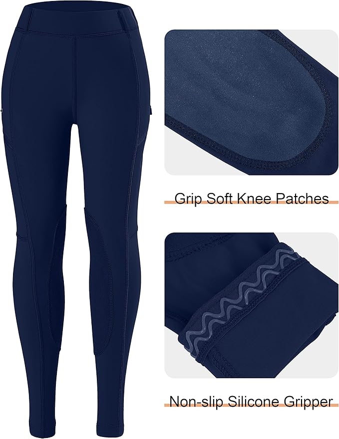 SANTINY Girls Horse Riding Pants with Zipper Pockets Kids Stretchy Equestrian Breeches Knee-Patch Youth Schooling Tights