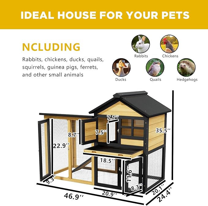 Chicken Run Coop, Wooden Duck Coop Outdoor 2-Tier Hen House All Weather Used Poultry Quail Cage Rabbit Hutch Pet Hideout with Ramp for Small Medium Animals (Natural Wood)