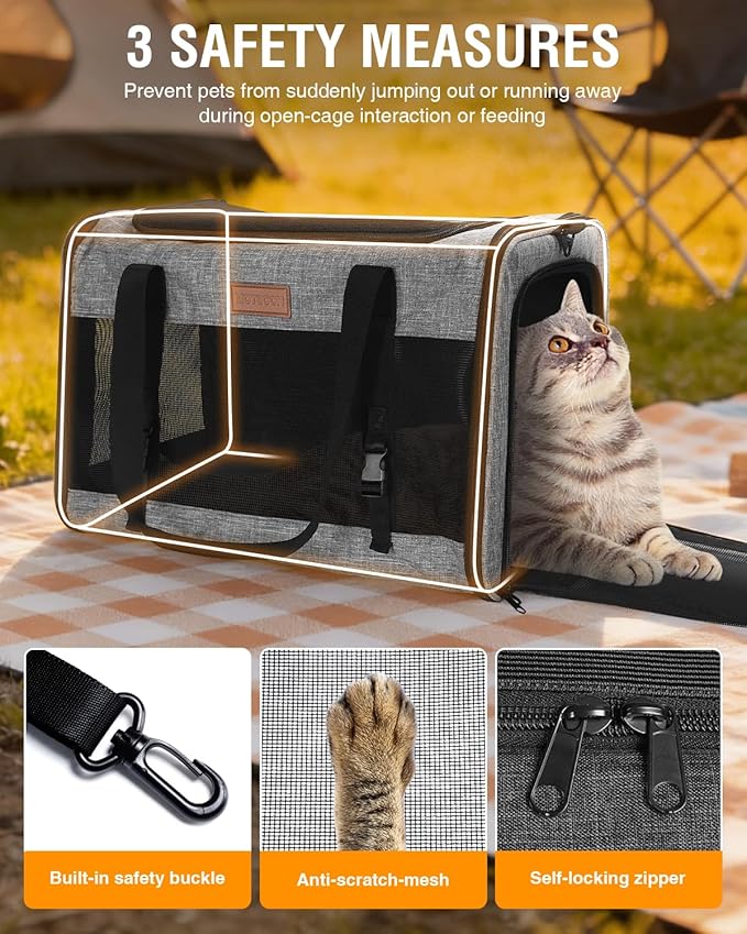 PETUX Large Pet Carrier for Large Cats ＆ Small Dogs - Up to 20Lb, Top and Side Entry, 4 Side Breathable, Foldable Soft Cat Travel Carrier with Safety Car Seat Buckle and Anti-Scratch Mesh - Grey