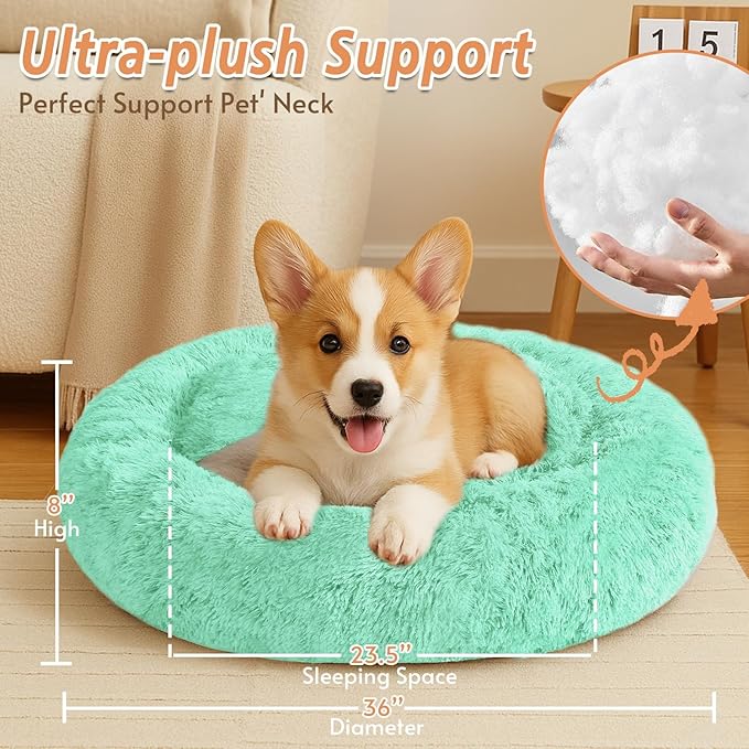 JOLLYVOGUE Calming Dog & Cat Bed for Large Dogs, Anti-Anxiety Donut Cuddler Cozy Soft Round Bed with Anti-Slip Bottom, Fluffy Faux Fur Plush Cushion Beds for Medium Dogs (36")
