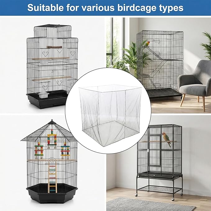 Large Bird Cage Seed Cather, Black Bird Cage Cover Universal Nylon Birdcage Net Elastic Band Skirt Seed Guard for Parrot Parakeet Macaw(118 * 31.5in/300 * 80cm)