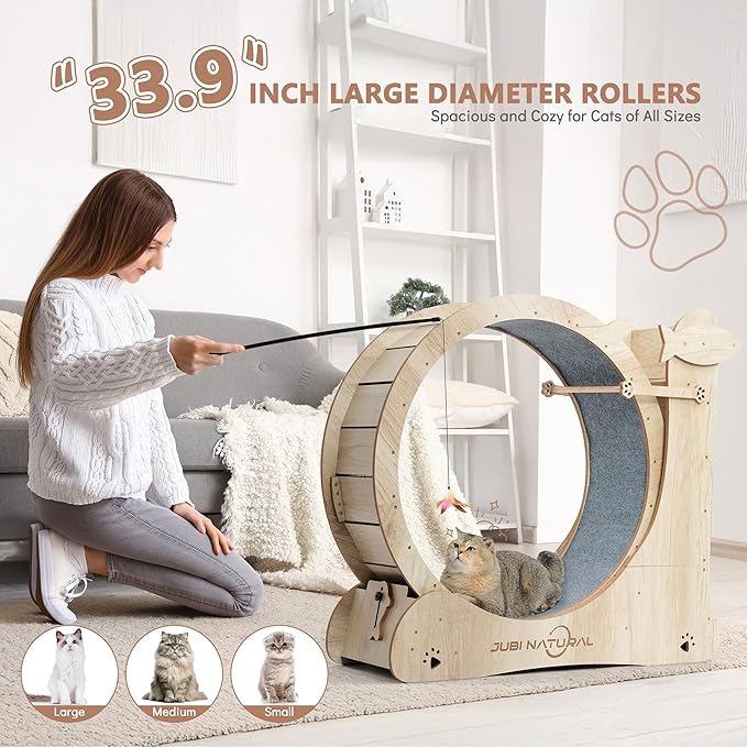 Cat Exercise Wheel, 35.9" Cat Running Wheels for Indoor Cats with with Locking Mechanism, Cats Treadmill Wheels with Scratching Board and Teaser Toy, Cat's Weight Loss and Health