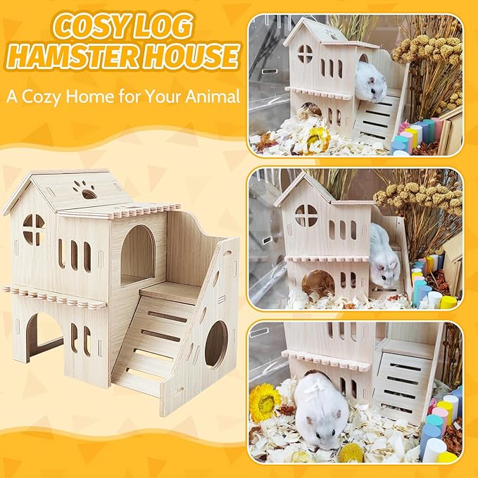 Hamster House with Slide, Double-Decker Hut, Guinea Pig Castle, Small Animal Habitat Decor