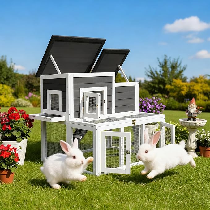 Outdoor Bunny Cage 2-Tier Rabbit Hutch & Chicken Coop with Wire Run, Wooden Poultry House with Pull-Out Tray, Waterproof Rabbit Hutch for Outside (White & Black)