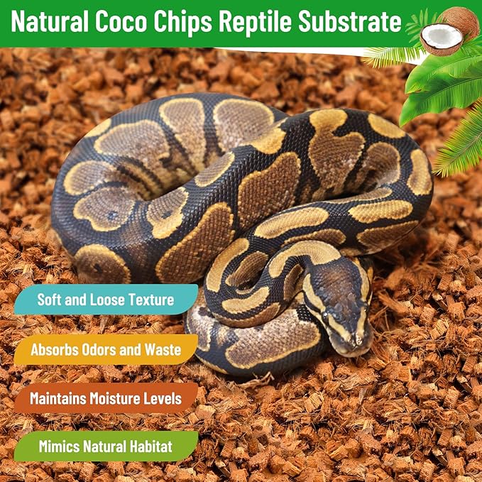 Riare 4 Pack Natural Coconut Chip Substrate for Reptiles- Compressed Coconut Husk Reptiles Bedding, Coco Husk Chip Terrarium Substrate for Snakes, Tortoises, Ball Python, Frogs, Bearded Dragon, Lizard