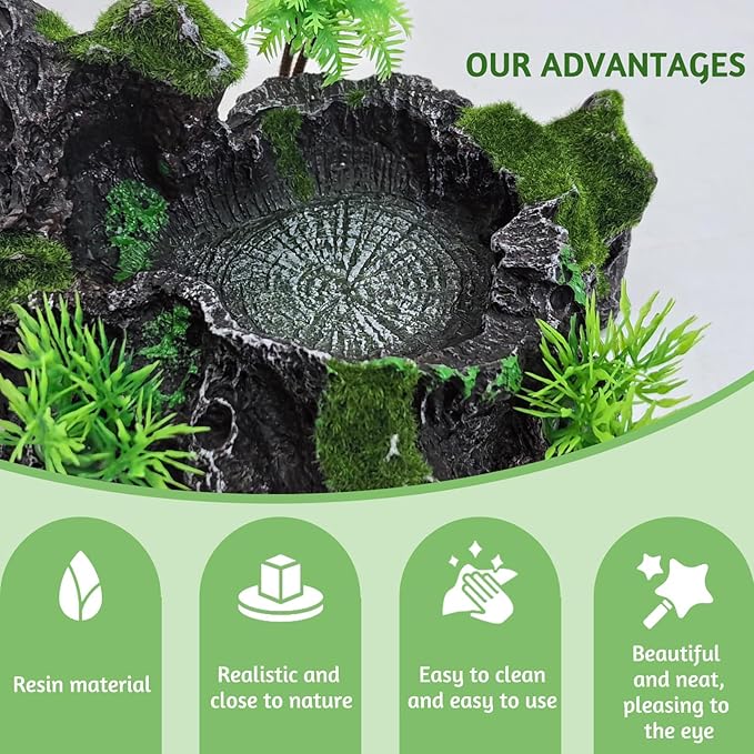 PINVNBY Reptile Water Dish, Crested Gecko Food Dish, Artificial Plants and Moss Reptile Food Water Bowl for Bearded Dragon, Lizards, Geckos, Turtle, Hermit Crab, Snake (with Moss)