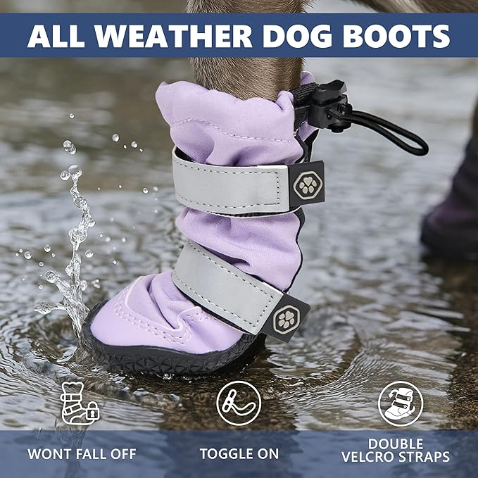 Spark Paws Dog Shoes, Waterproof Dog Boots for Medium to Large Dogs, Non Slip, Breathable Dog Booties and Paw Protectors - 4PCS Doggie Hiking Boots with Reflective Straps - Lilac - Size 7