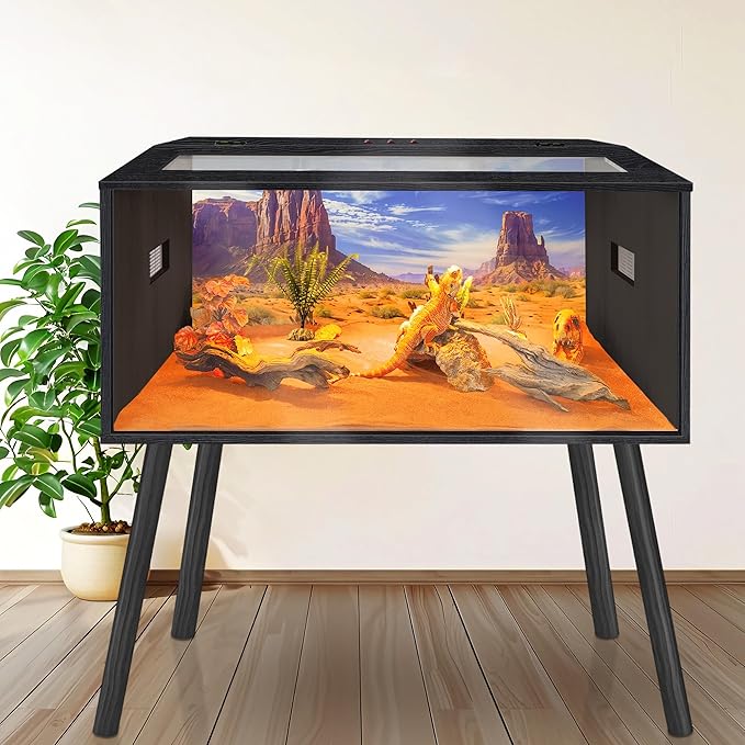 Prolee 63 Gallon Reptile Tank, Tempered Glass Bearded Dragon Tank with Wooden Roof and Lockable Doors, Large Lizard Habitat for Snakes, Iguanas, Chameleons (Black)