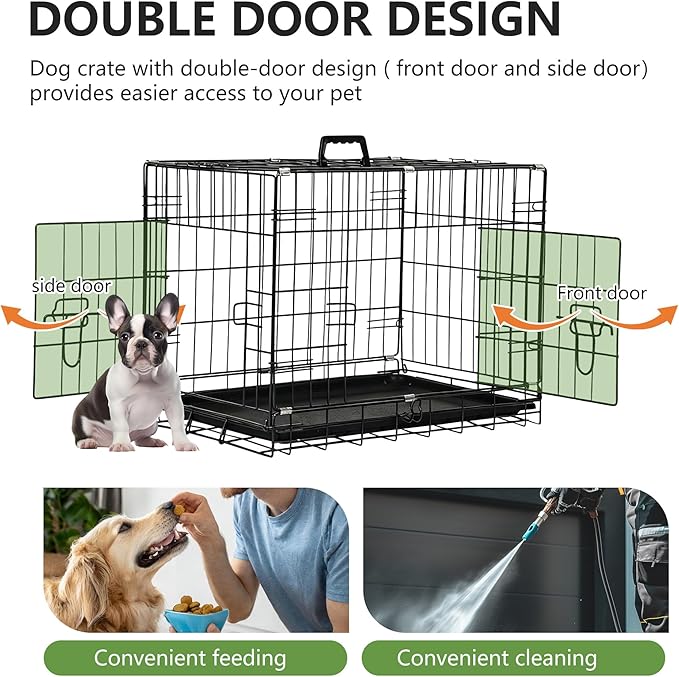 FDW 24-Inch Dog Crate Pet Cage with Metal Folding Design Plastic Tray Indoor Outdoor Dog Kennel Cage for Small Dogs,Dark Black