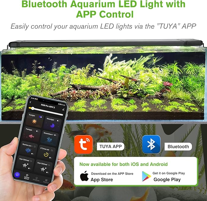 hygger 60W Smart Aquarium Light, Bluetooth LED Light with App Control, Full Spectrum Fish Tank Light with 24/7 Lighting Cycle, 5 Modes, Adjustable Timer, for 48"-55" Freshwater Planted Tank