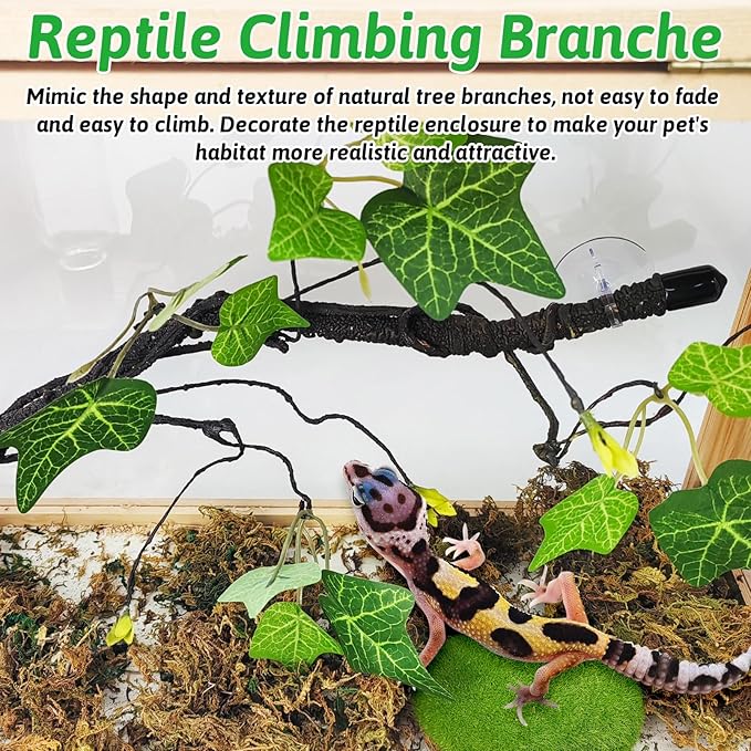 PINVNBY Reptile Corner Branch,2 PCS Flexible Jungle Climbing Vine with Suction Cup Terrarium Plant Decoration for Amphibian Dragons, Snake,Frogs, Chameleons（Green）