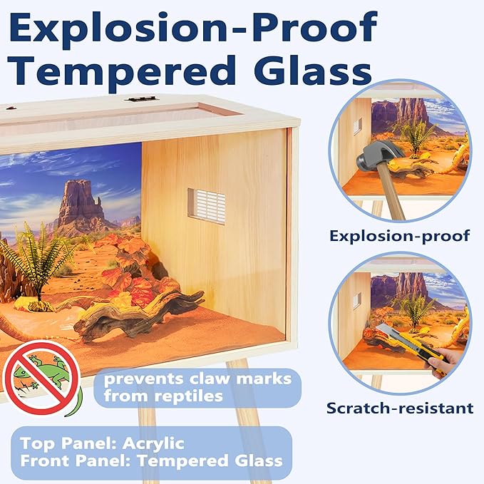 Prolee 26 Gallon Reptile Tank, Tempered Glass Bearded Dragon Tank with Wooden Roof and Lockable Doors, Large Lizard Habitat for Snakes, Iguanas, Chameleons (Oak)
