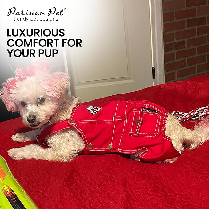 Parisian Pet Denim Overall - Embroidered 'Route 66' Red Jumpsuit - Breathable Costume - Machine Washable Outfit - Overalls for Large Dogs - L