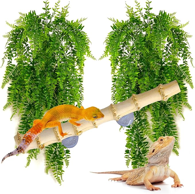kathson Reptile Corner Branch Decor,Leopard Gecko Climbing Bamboo Wood with Suction Cup,Bearded Dragons Habitat Hanging Vines Plants Decoration,Lizards Tank Accessories for Amphibians,Snakes,Frogs