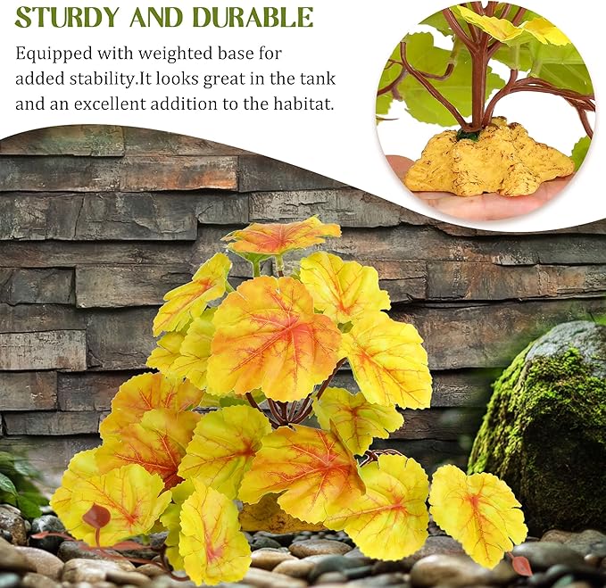 Reptile Plants for Terrarium Decor, Amphibian Habitat Decor Plant, Ball Python Decor Tank Accessories for Gecko Lizard Chameleon Frog Snake Tortoise with Base - Fake Heuchera Micrantha Yellow