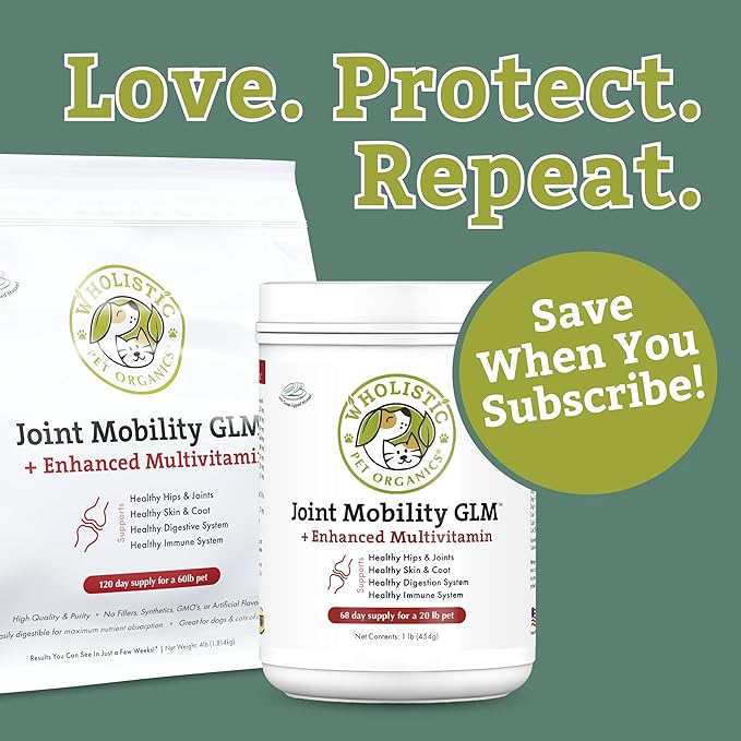 Wholistic Pet Organics Joint Mobility GLM - 2 Lb - Glucosamine for Dogs and Chondroitin Supplement Green Lipped Mussels - Joint Supplement for Dogs - Arthritis Pain Reliever for Large & Small Breeds