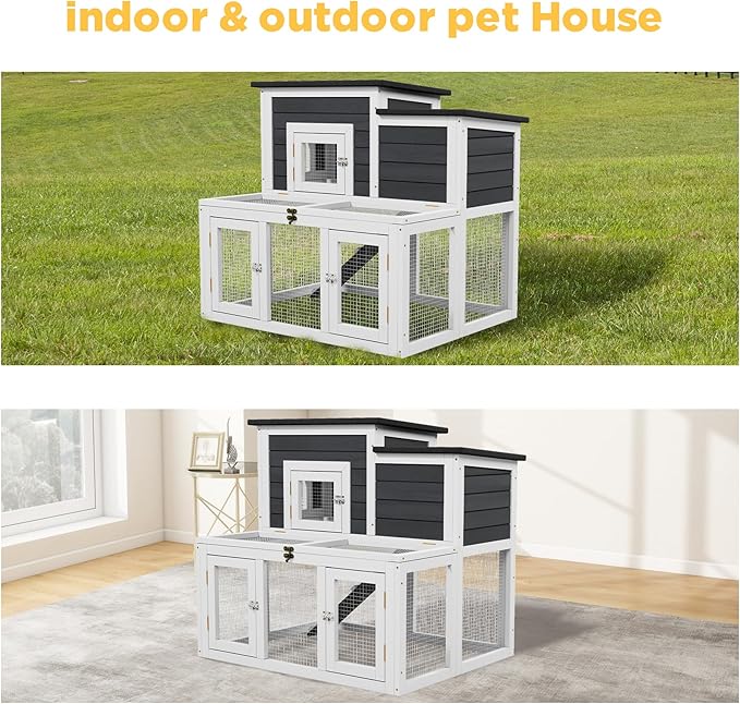 Outdoor Rabbit Hutch, Bunny Cage, Chicken Run Coop Wooden Quail Cage Duck Coop with Ventilating Wire Poultry House for Small Animals (Gray+Black)