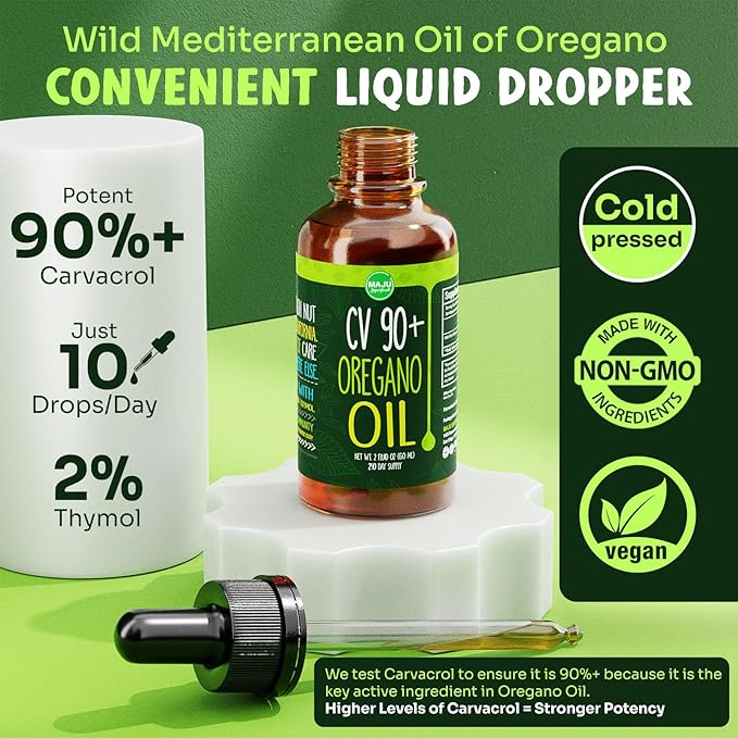 MAJU Oregano Oil Drops - Potent 90%+ Carvacrol (2 fl Oz) Wild Mediterranean Essential Liquid, Aceite de Oregano, Immune and Seasonal Support (3-Pack)