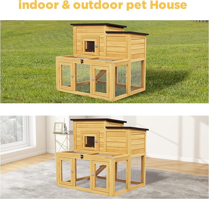 Small Chicken Coop, Chicken Run, Wooden Duck Coop Outdoor 2-Tier Rabbit House All Weather Used Poultry Quail Hutch Pet Cage with Removable Ramp for Garden Backyard (Yellow)