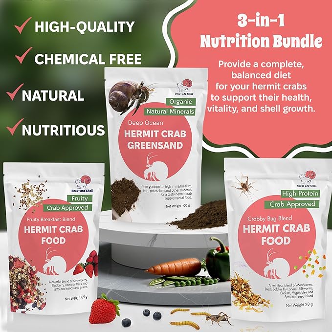 Snout and Shell Hermit Crab Food Bundle – Fruity Breakfast Blend, Crabby Bug Blend & Greensand – Organic, High Protein, Natural Minerals – Complete Nutrition for Healthy Shell Growth & Vitality