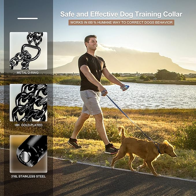 Stainless Steel Black Dog Chain Collar - Adjustable, Chew Proof, Double Row, Cuban Link, Walking Collar for Large, Small, Medium Dogs