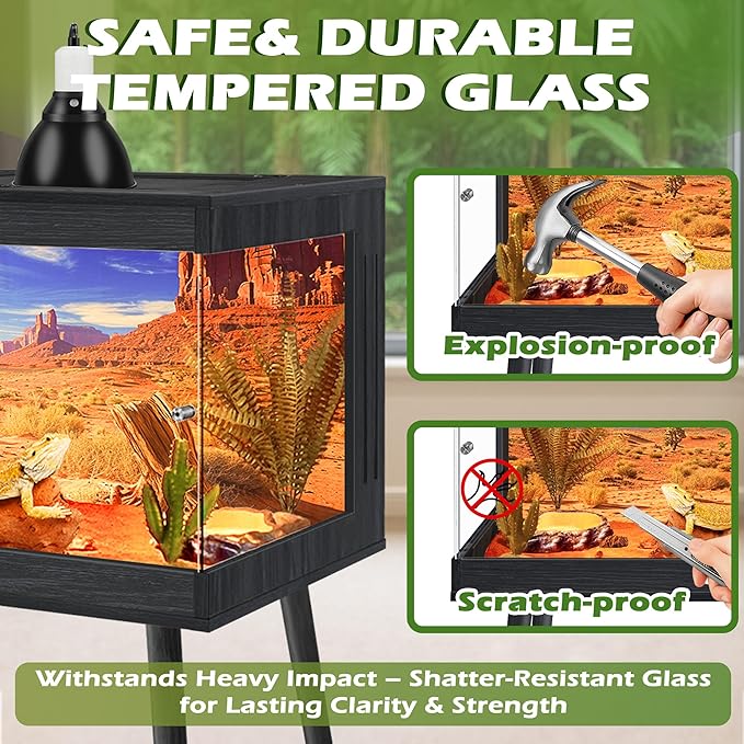 ROYXEN Bearded Dragon Tank with Leg Stand,Tempered Glass Reptile Tank with Metal Mesh Top, 3-Side Clear Anti-Scratch Glass Lizard Tank,Snake Tank for Reptile Habitat