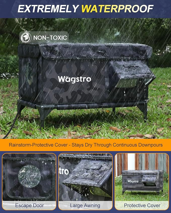 Heated Cat House for Outside, Insulated Weatherproof Heated Outdoor Cat House with Waterproof Eaves & Escape Door, Elevated Outdoor Cat Shelter for Feral Stray Cat (Black Camo, 16.5"x13"x16.9")