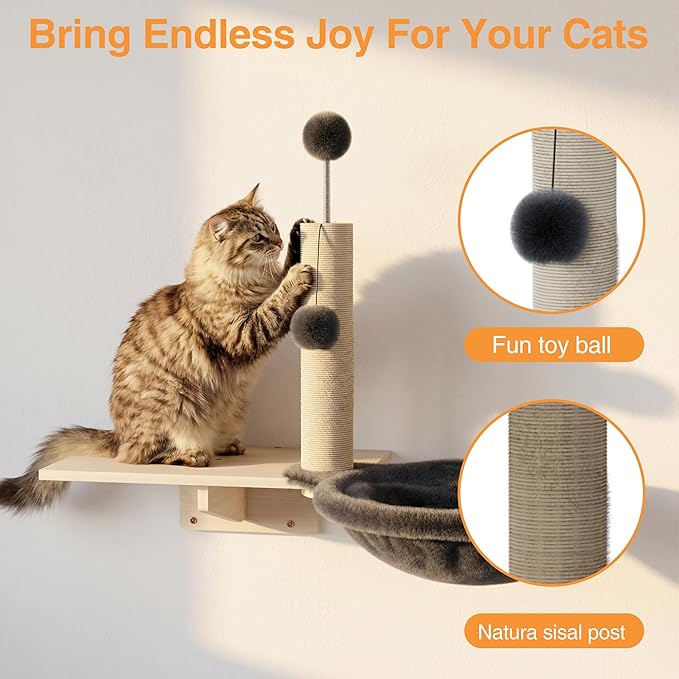Cat Wall Shelves, Wooden Multi-Level Cat Climbing Furniture, House, Steps, Sisal Scratcher, Perches Bed & Ball, Space-Saving Wall Mounted Cats Shelves for Play & Rest