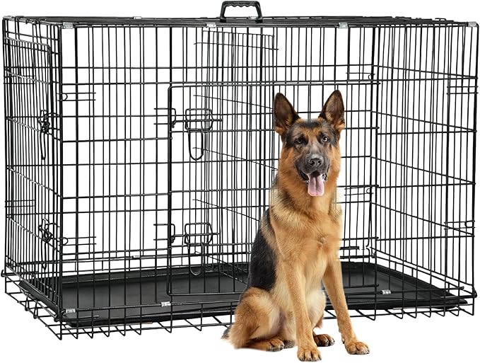FDW Dog Crate 48-Inch Dog Cage Foldable Metal Kennel with Leakproof Tray Foldable Design Indoor Outdoor Use for XL Large Dogs,Dark Black