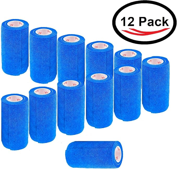 3 Inch Vet Wrap Tape Bulk (Blue) (Pack of 12) Self Adhesive Adherent Adhering Flex Bandage Grip Roll for Dog Cat Pet Horse