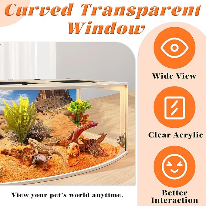 PROLEE Bearded Dragon Tank, Curved Reptile Enclosure with 3-Side Clear Acrylic Panels, Spacious Lizard Tank with Metal Mesh Top and Lockable Door for Reptile Habitat (Oak, 32" Length,34 Gallons)