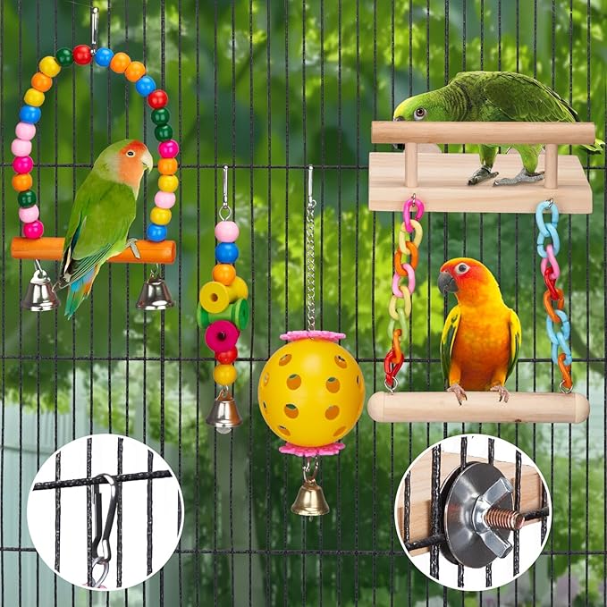 11Pcs Bird Platform Stands Swing Hanging Chewing Toy Parrot Climbing Ladder Colorful Bird Cage Toys for Parakeet, Conure, Cockatiel, Love Birds, Finches