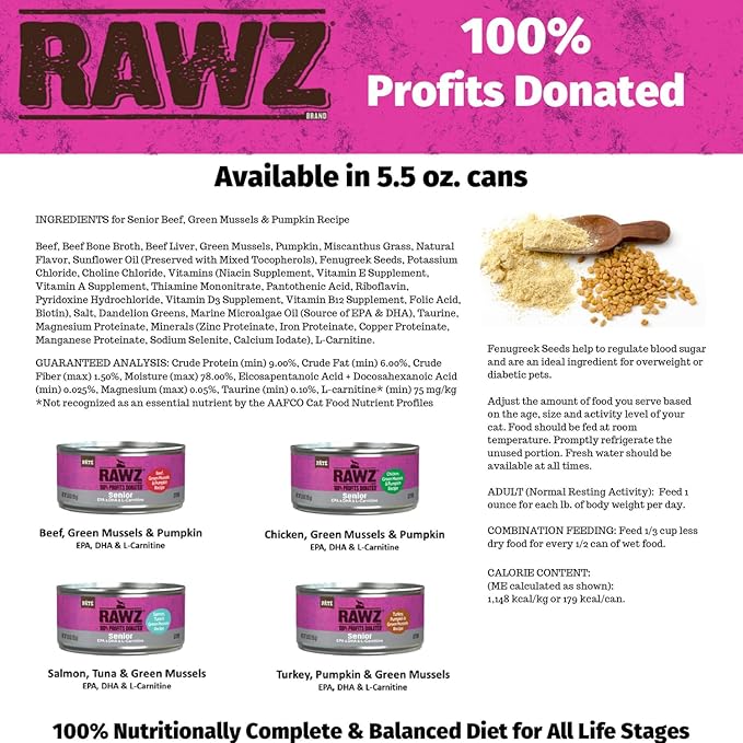 Rawz Natural Premium Pate Canned Cat Wet Food - Made with Real Meat Ingredients No BPA or Gums - 5.5oz Cans 24 Count (Salmon & Green Mussels for Seniors)