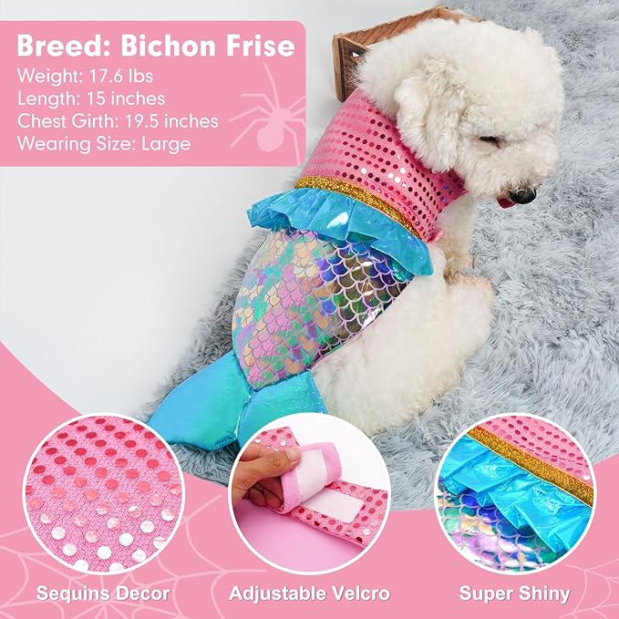 cyeollo Mermaid Dog Halloween Costumes Cute Dog Costume Sequin Birthday Party Pet Clothes Outfit Dressing Up Pet Costumes for Medium Dogs Size L