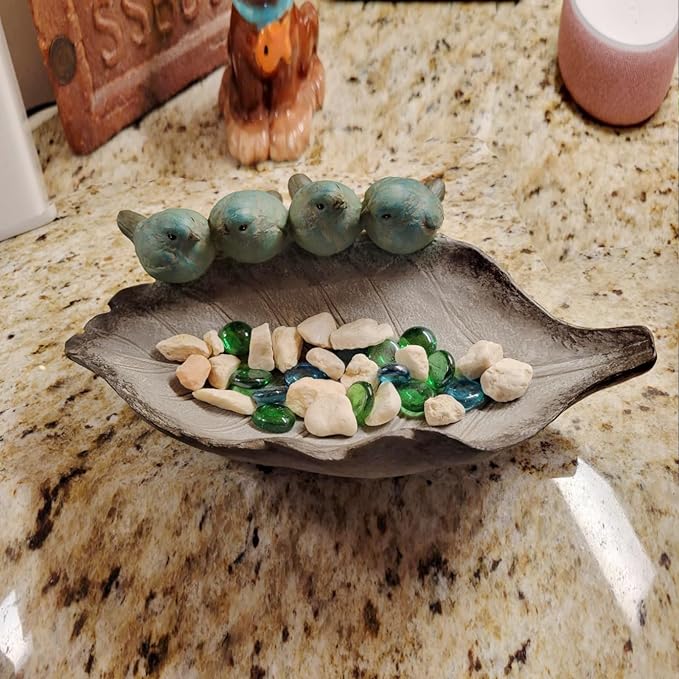 Bird-Feeder Wild Bird-Bath Bowl Outdoors - Garden Decor Polyresin Birds on Leaf 12.4 * 7.5 * 4.1 Inch-Newman House Studio