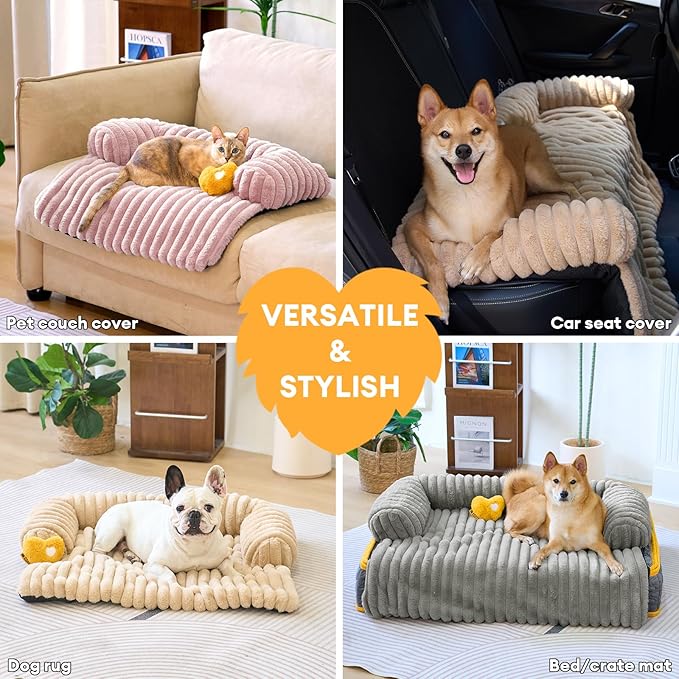 FUNNY FUZZY Pet Couch Cover for Sofa, Calming Dog Bed for Couch, Fluffy Plush Dog Couch Mat for Furniture Protector for Large Medium Small Dogs and Cats, Pink