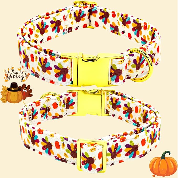 Thanksgiving Dog Collar, Turkey Dogs Collars Bow Tie Pet Collar Adjustable Pet Collars Premium Metal Buckle Autumn Leaf Necklace for Medium Dogs