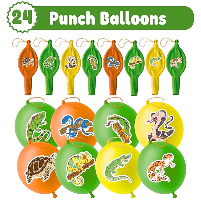 72 PCS Reptile Party Favors for Kids – 48 Pre-Cut Temporary Tattoos & 24 Reptile Punch Balloons Themed Birthday Party Decorations Supplies Favors Gifts, Goodie Bag Fillers, Classroom Rewards