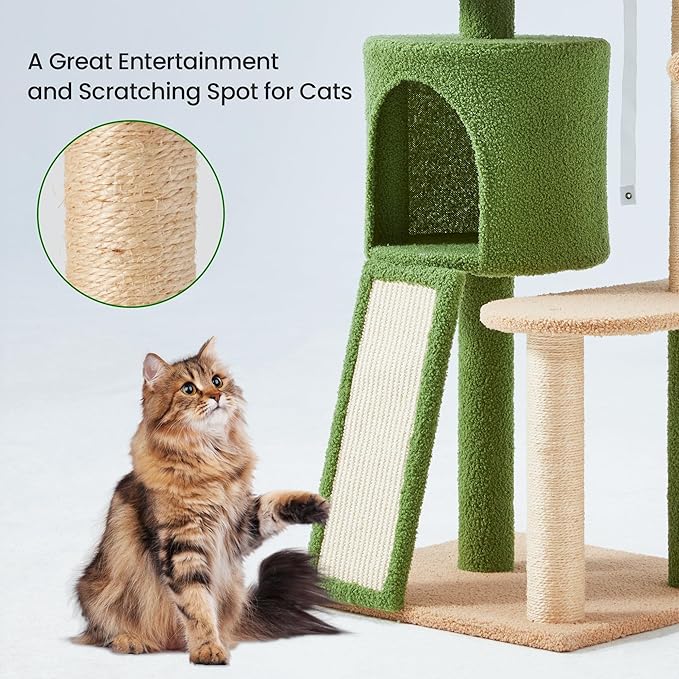 Erinnyees 57" Coconut Cat Tree for Indoor Cats, Multi Level Cat Tower with Plush Condo, Spacious Platform, Sisal-Covered Scratching Posts, Cat Activity Center with Hang Ball Toy, Pet Furniture, Green